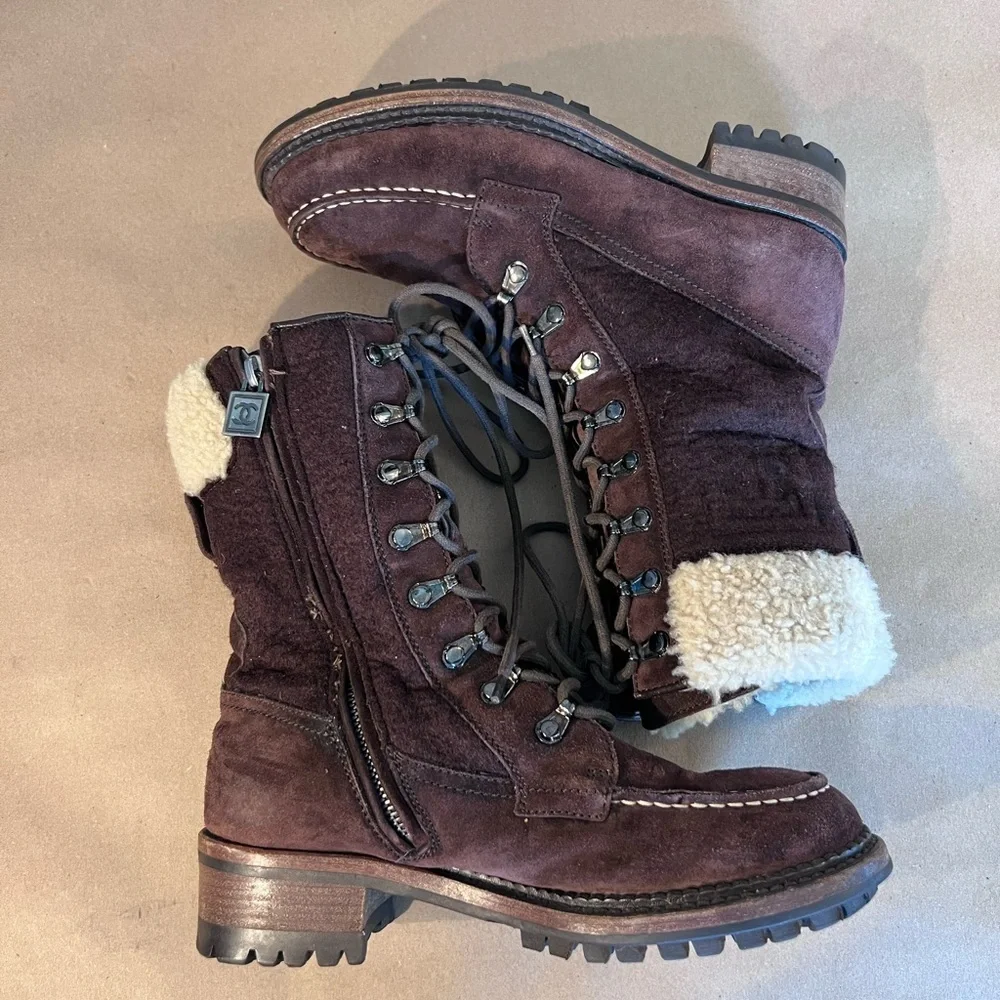 Chanel Brown Suede Leather CC Logo Shearling Combat Lace Boots Size EU 36 US 5.5